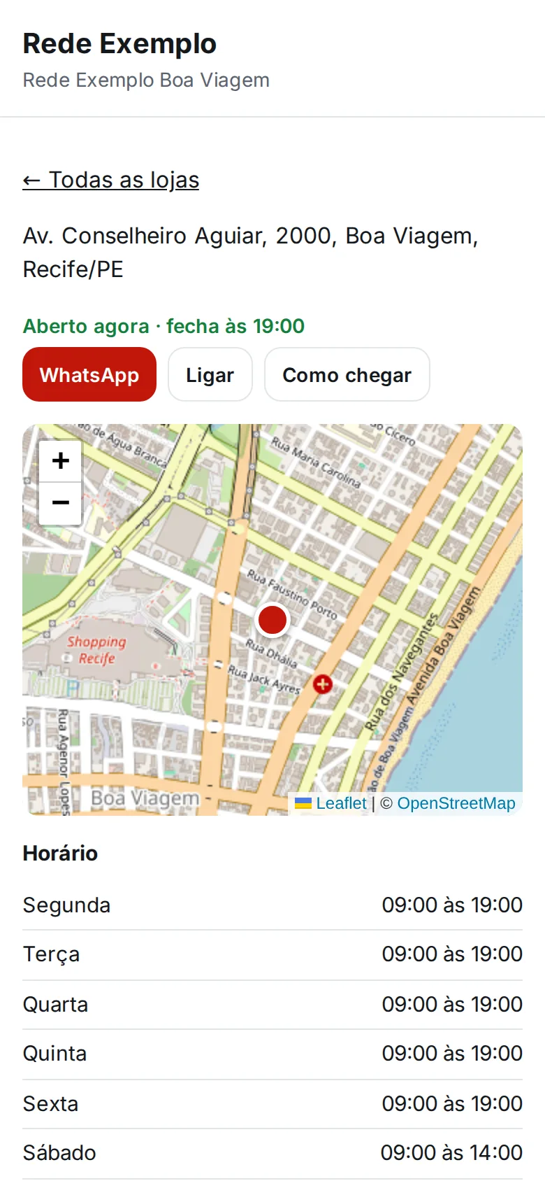 A página de uma loja no celular, com endereço, horário da semana e os botões de contato
