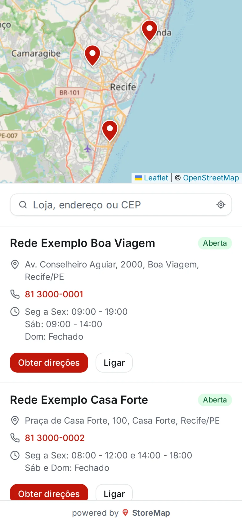 O mapa da Rede Exemplo aberto no celular, com a busca por loja, endereço ou CEP e a lista de lojas