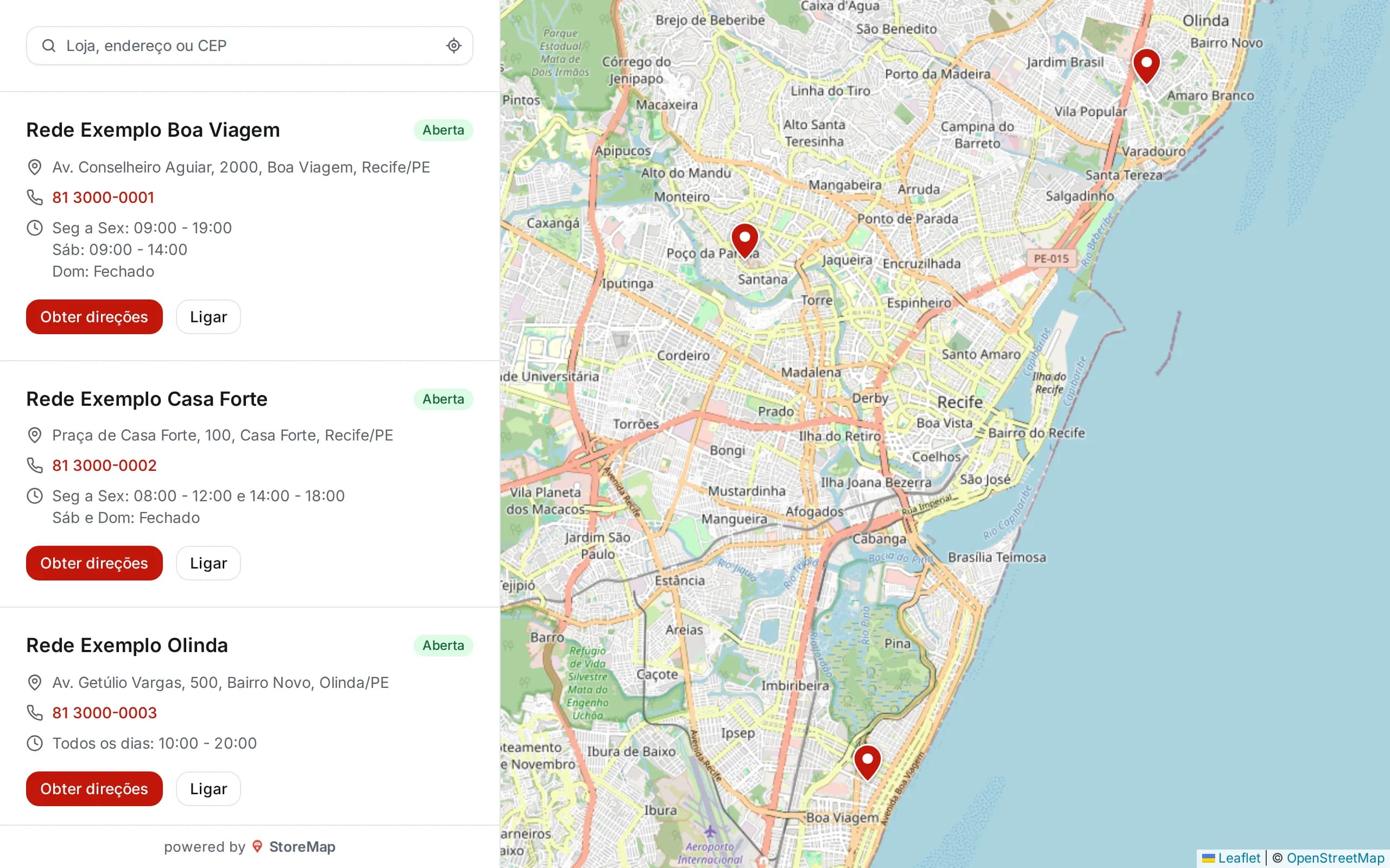 O mapa publicado da Rede Exemplo, com a lista de lojas e o mapa