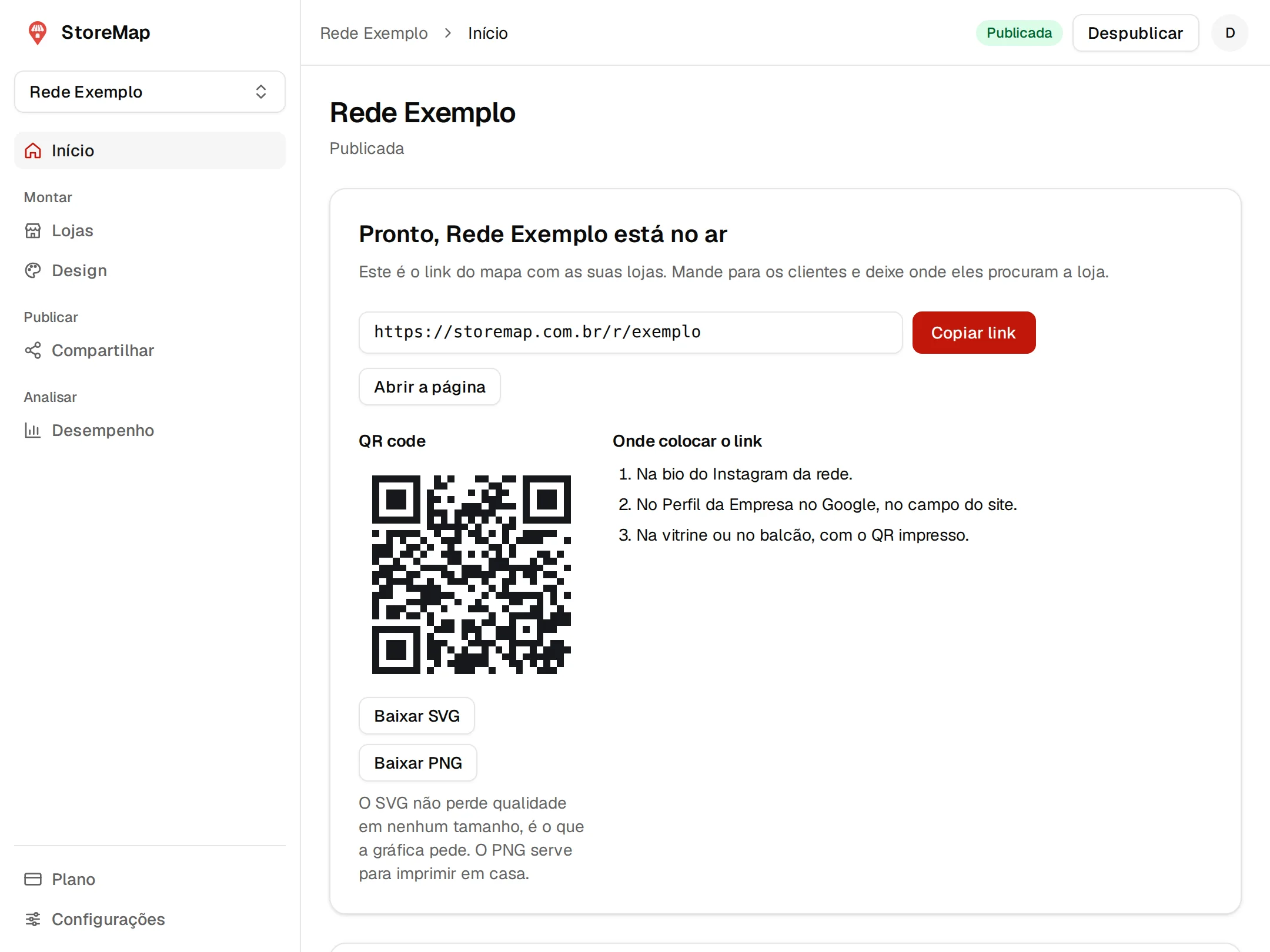 A tela de rede publicada no painel, com o link storemap.com.br/r/exemplo, o botão Copiar link, o QR code e onde colocar o link